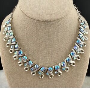 Vintage Lisner Necklace Silver Blue‎ Aurora Borealis Rhinestone Ribbon 15"